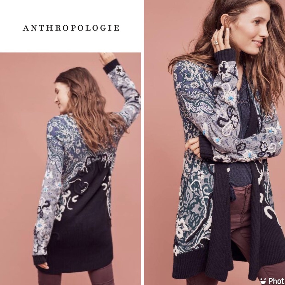 Anthropologie Navy Floral Jacquard Open Cardigan
